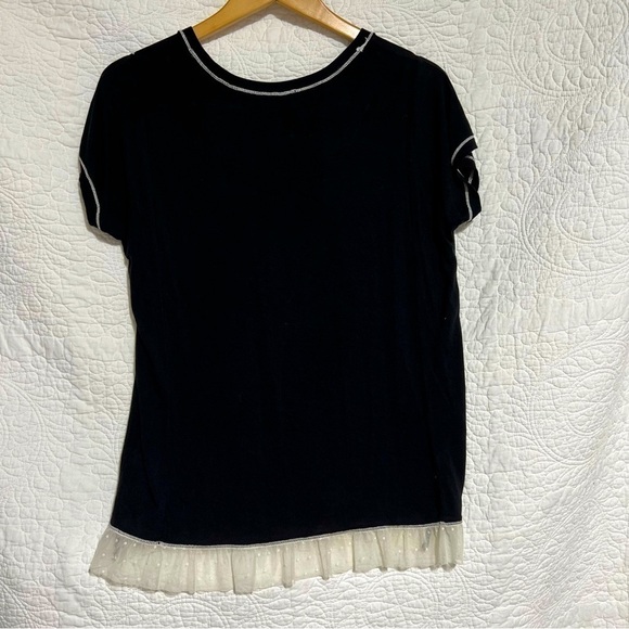 KENSIE Womens Lace Trimmed, Black T-shirt with White Stitching, Size M - #259 - Picture 3 of 10